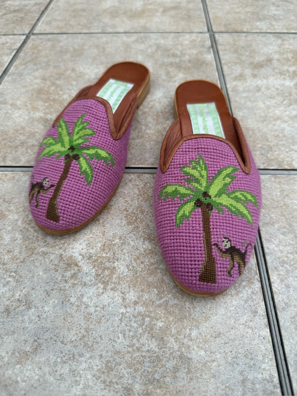 Snapdragon Pink Palm Tree and Monkey Needlepoint Mules